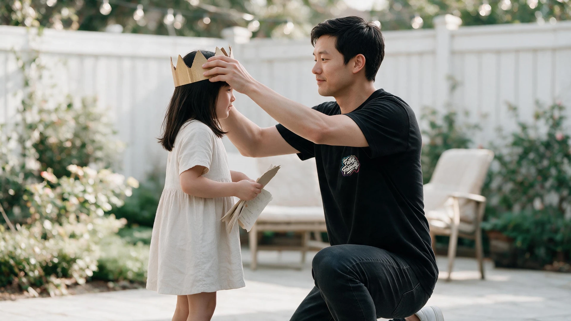 A father kneeling to place a paper crown on his daughter's head